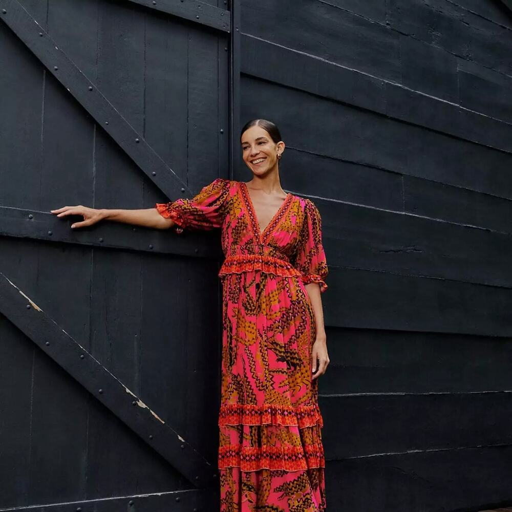 FARM Rio Vibrant Red and Orange Midi Dress